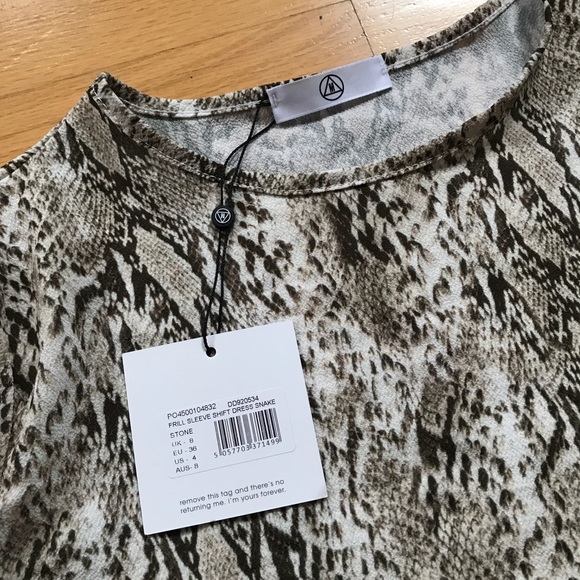 Missguided Snakeskin Frill Sleeve Shift Dress BNWT - Picture 3 of 5